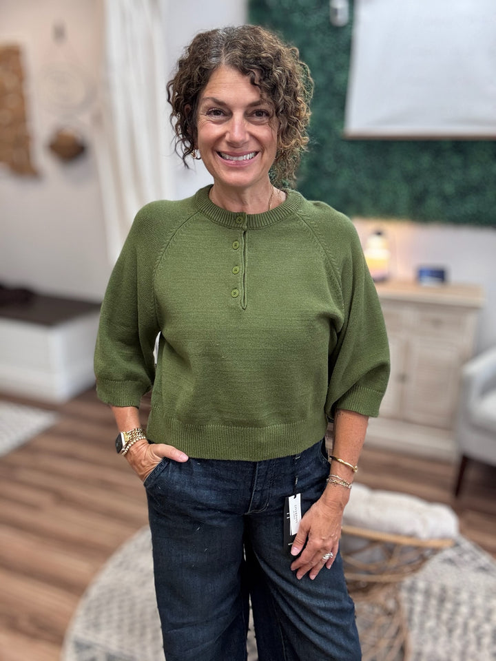Buttoned Up Short Sleeve Sweater - Olive