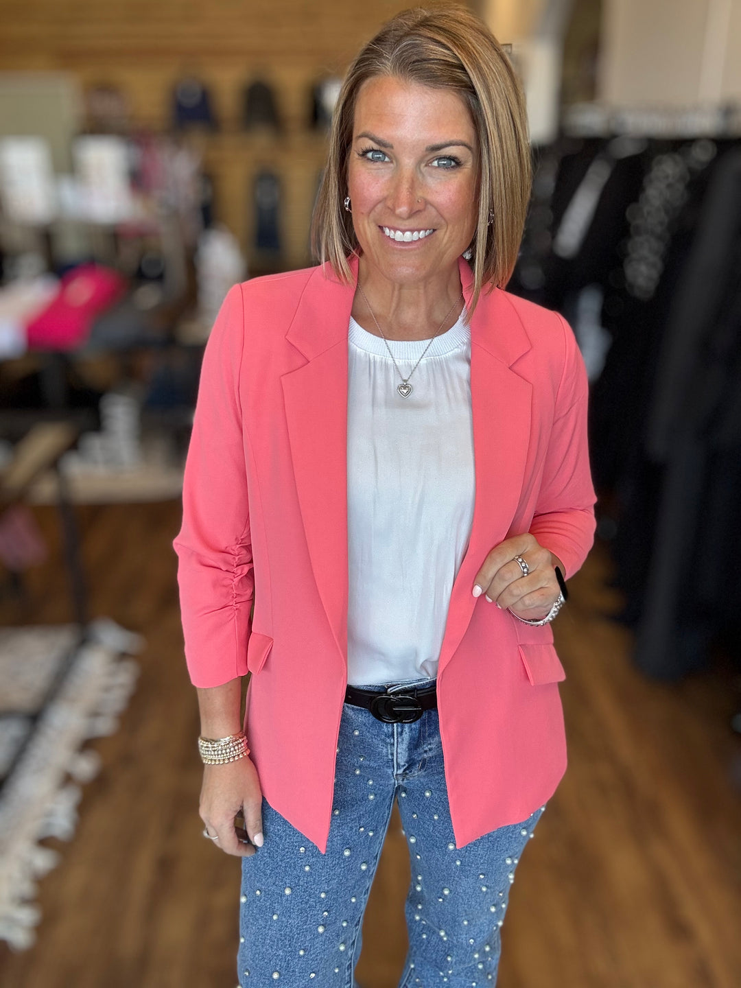 Eco-Friendly Recycled Poly Shirred Sleeve Blazer - Coral Sunset