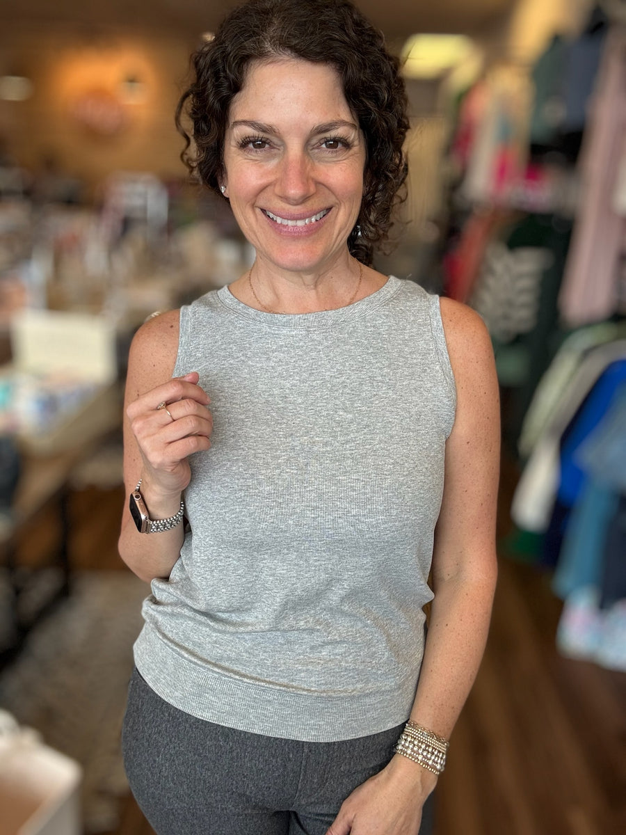 Ribbed Viscose Crew Neck Loose Fit Tank - Grey