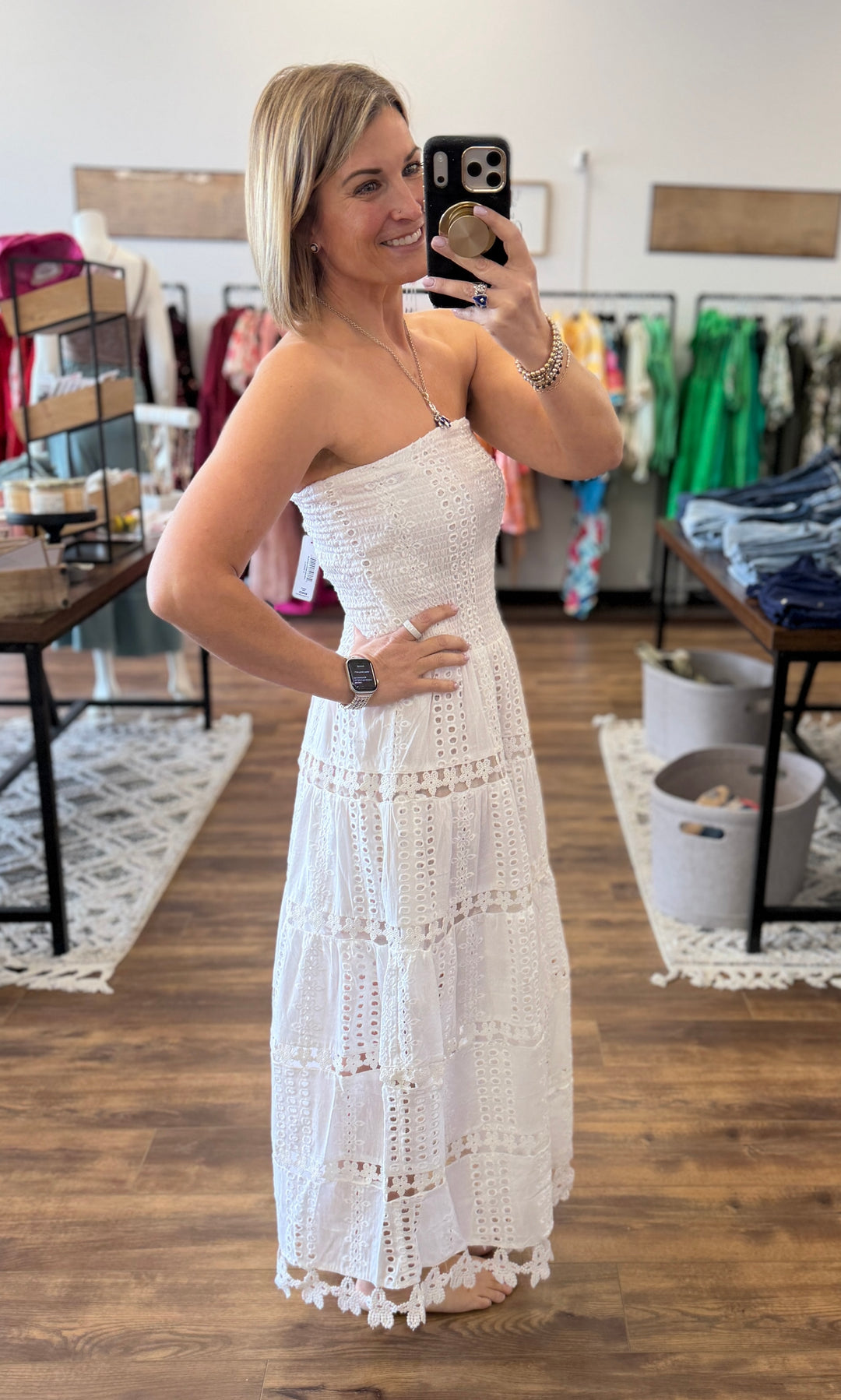Strapless Smocked Eyelet Maxi Dress