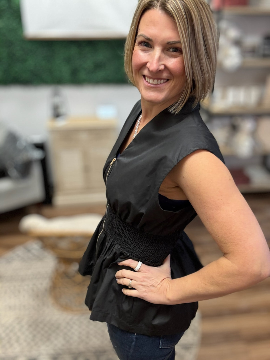 Zip It &amp; Go Smocked Peplum Top - Black