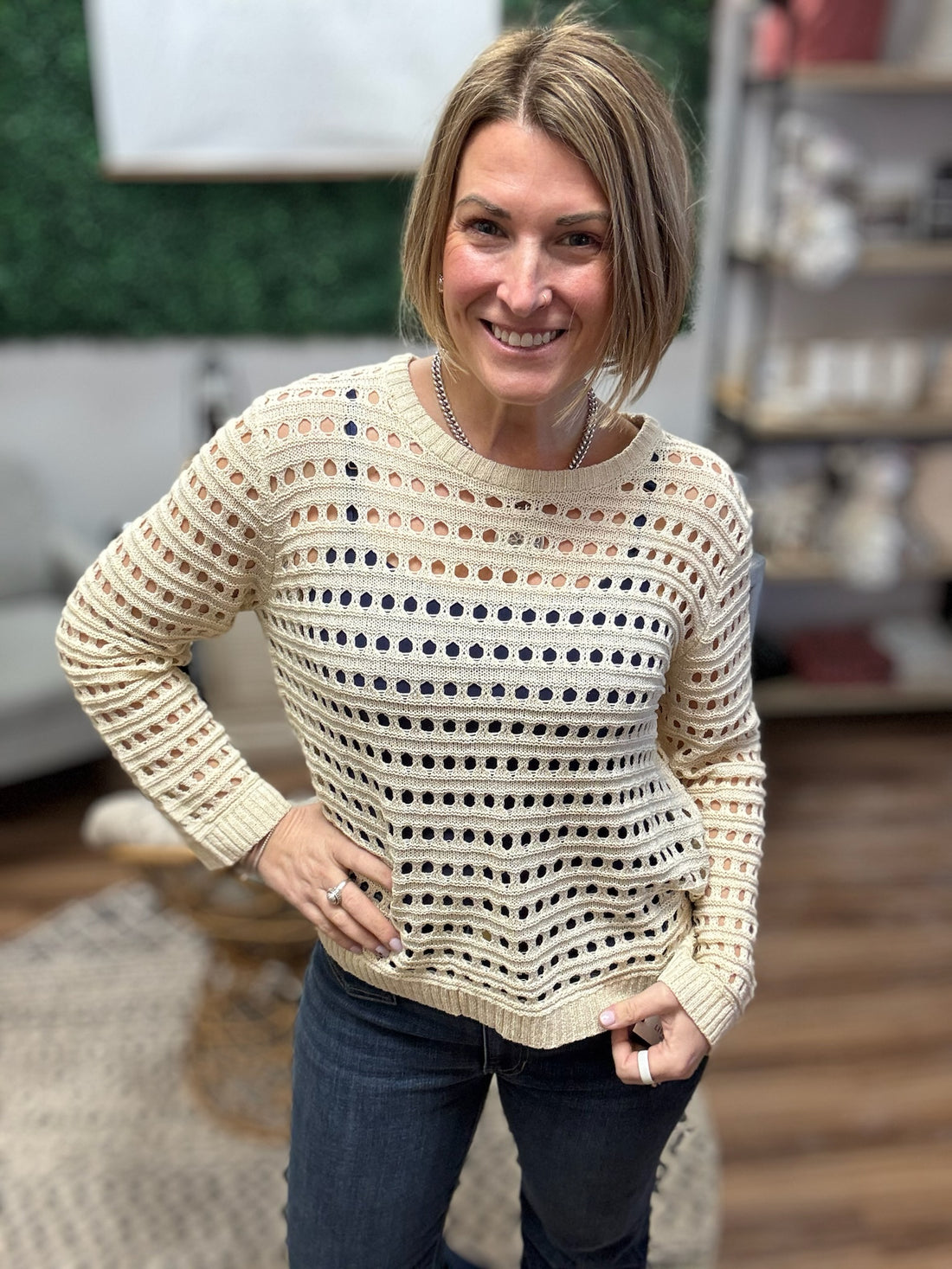 Round Neck Open Gauge Sweater - Oatmeal