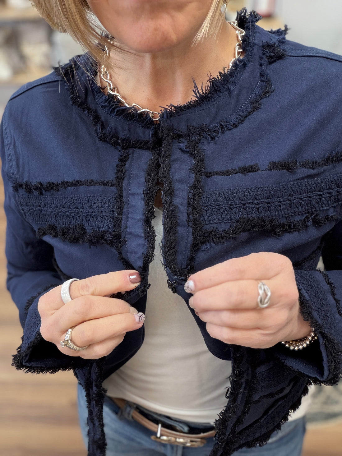 Liverpool - Collarless Jacket with Fray and Lace - Navy