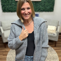 High Neck Full Zip Sweater - Heather Grey