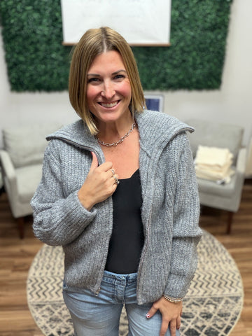 High Neck Full Zip Sweater - Heather Grey