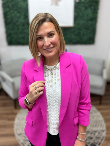 Eco-Friendly Recycled Poly Shirred Sleeve Blazer - Bright Flamingo