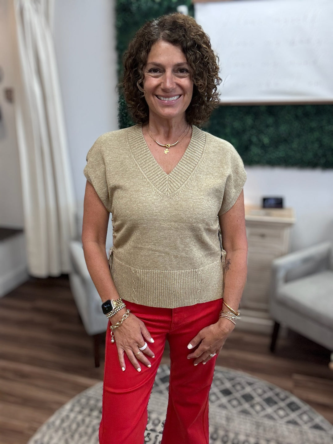 Liverpool - V-Neck Dolman Sweater with Ties - Khaki