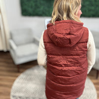 Long Puffer Vest with Hood - Terracota