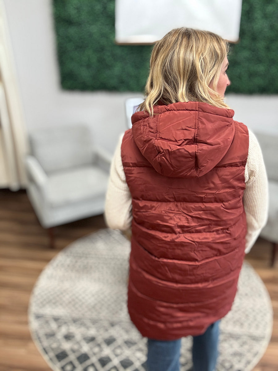 Long Puffer Vest with Hood - Terracota