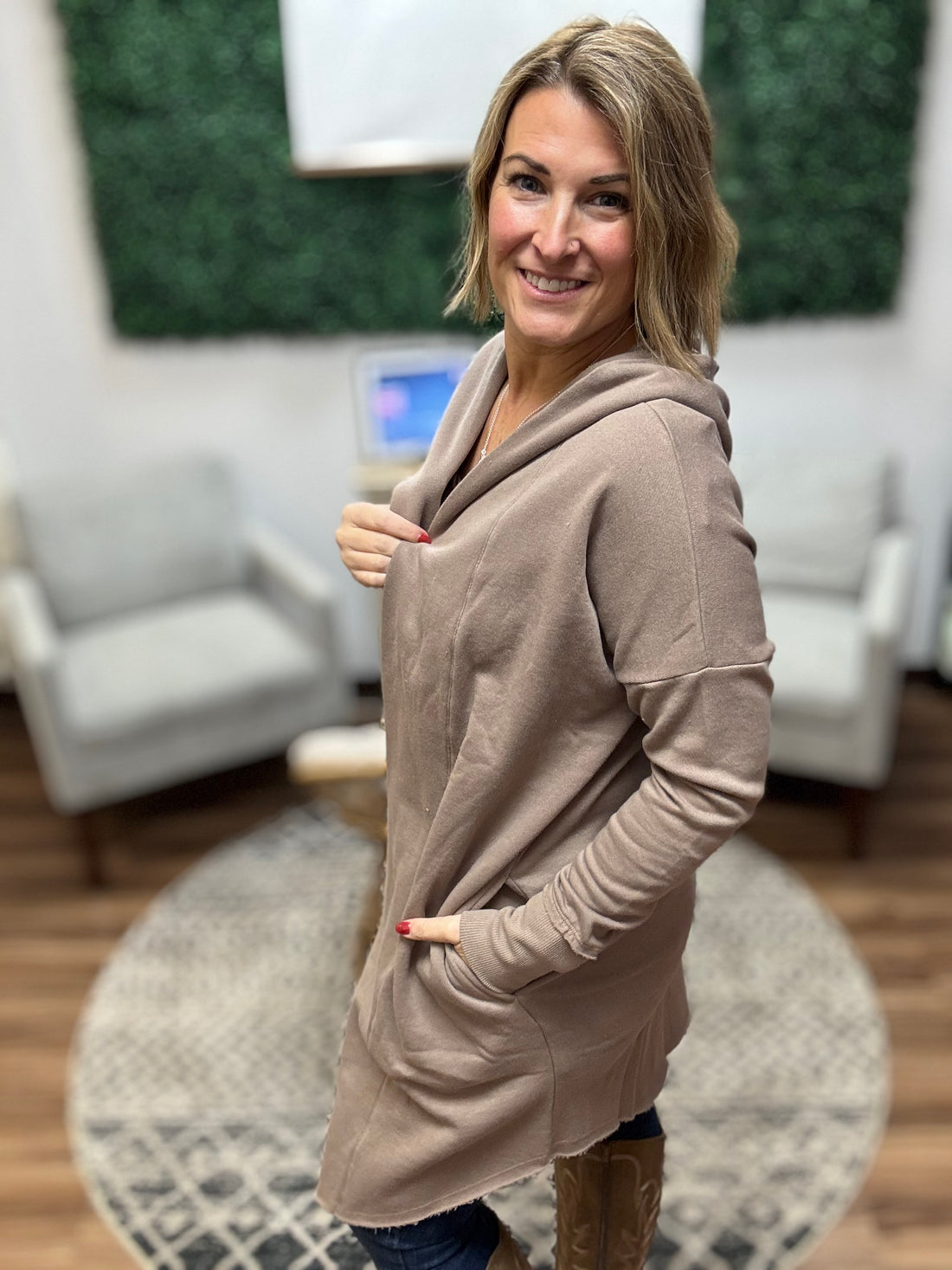 Open Front Longline Cardigan with Hoodie - Taupe