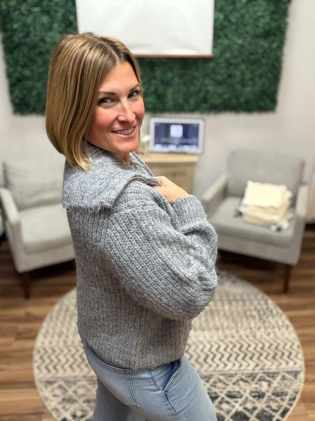 High Neck Full Zip Sweater - Heather Grey