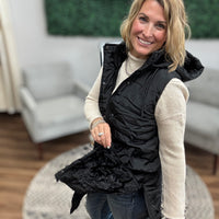 Long Puffer Vest with Hood - Black