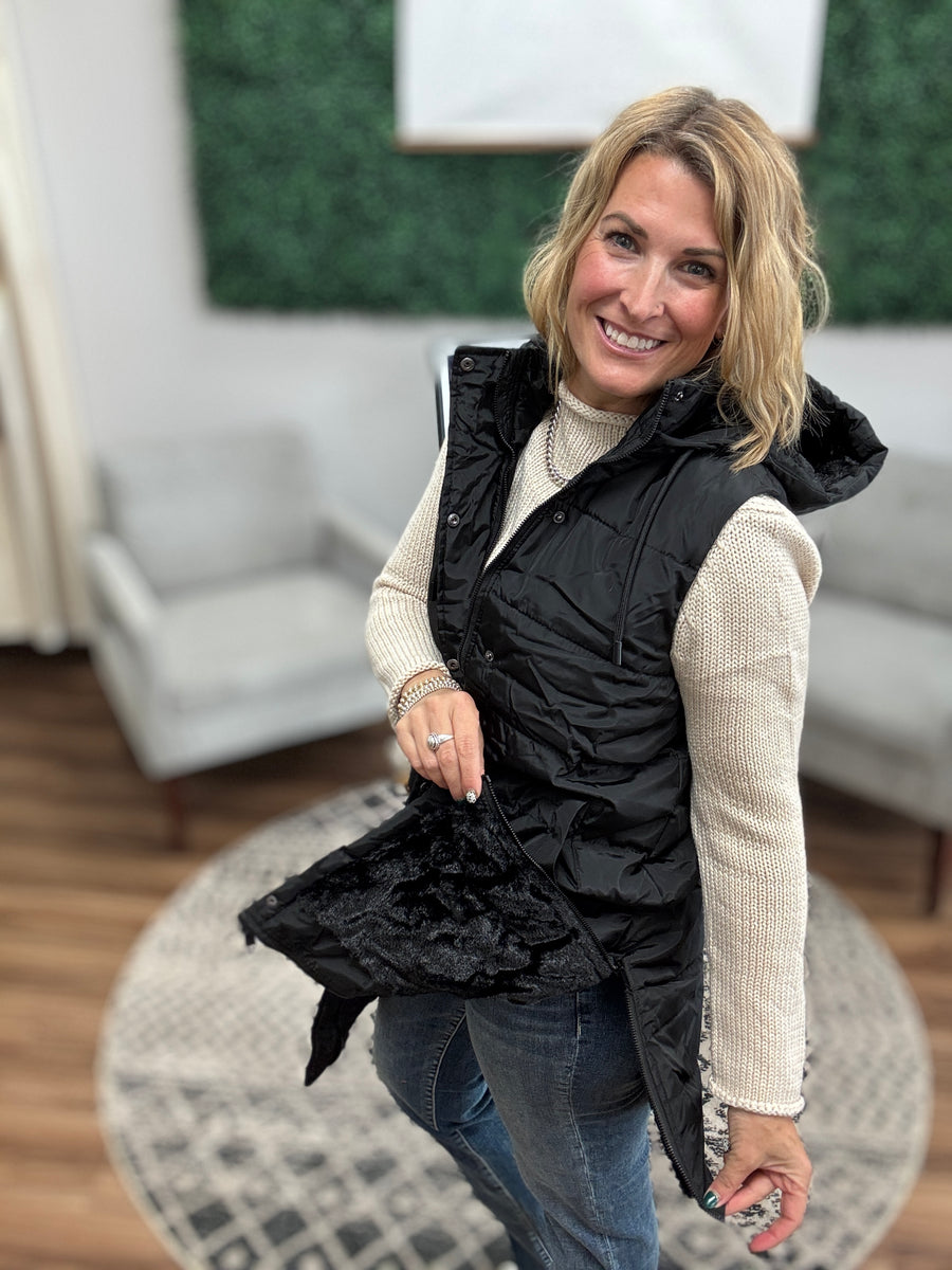 Long Puffer Vest with Hood - Black