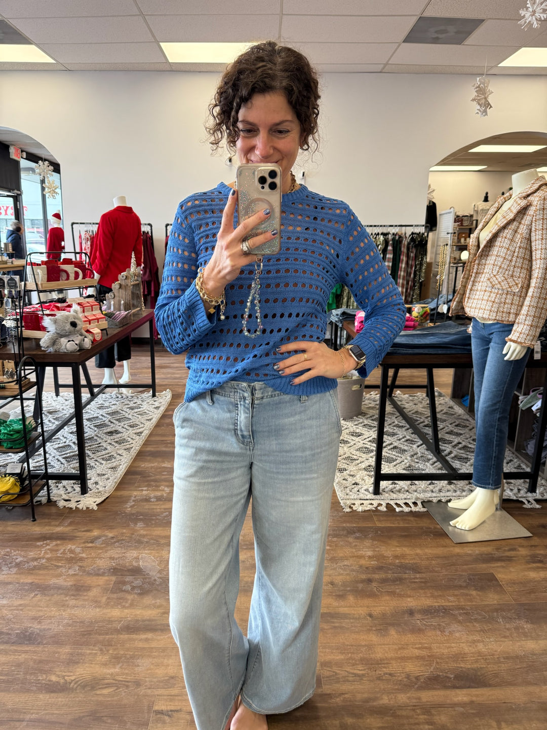 Round Neck Open Gauge Sweater - Blue