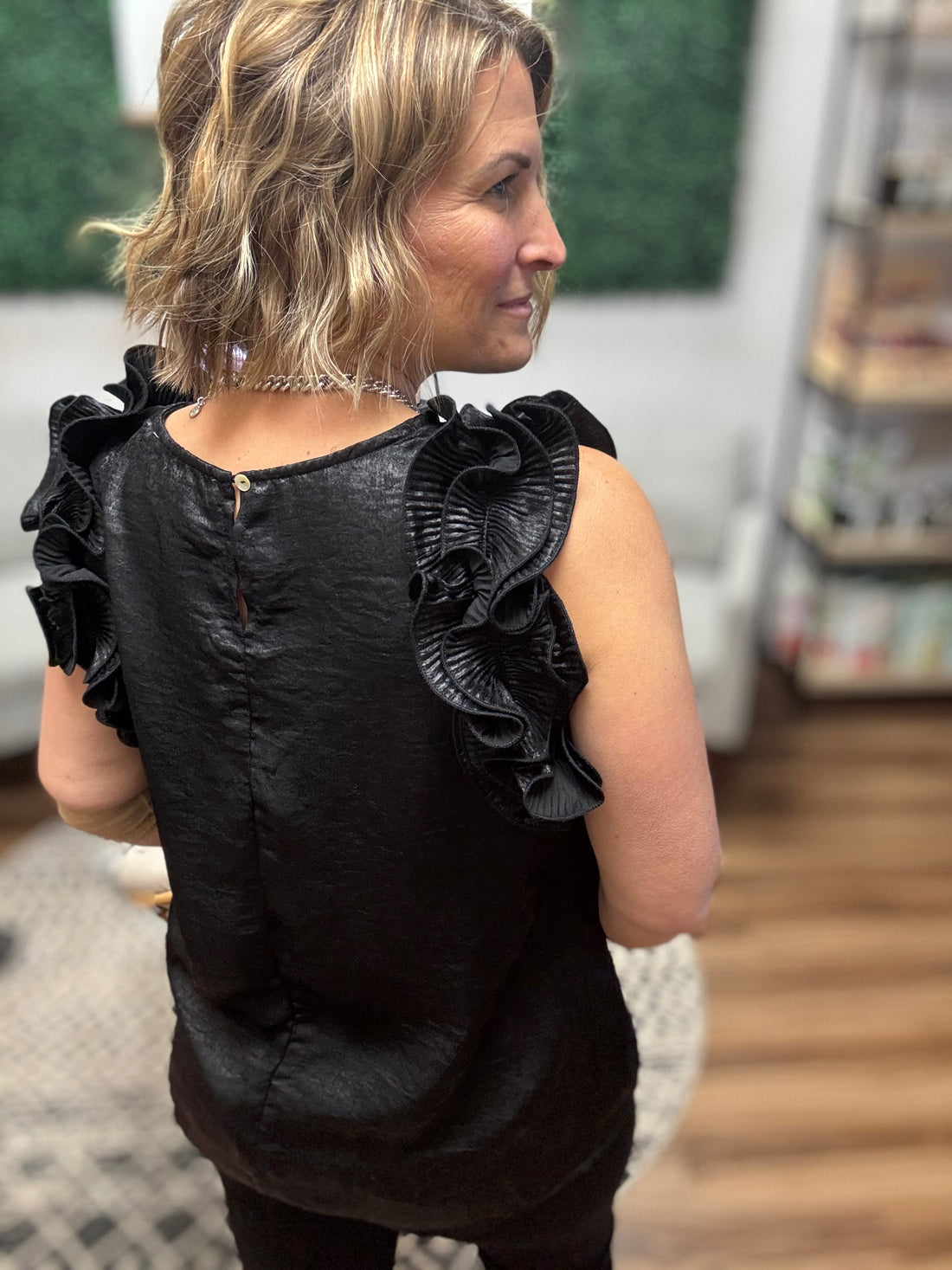 Pleated Ruffle Trim Metallic Top - Black