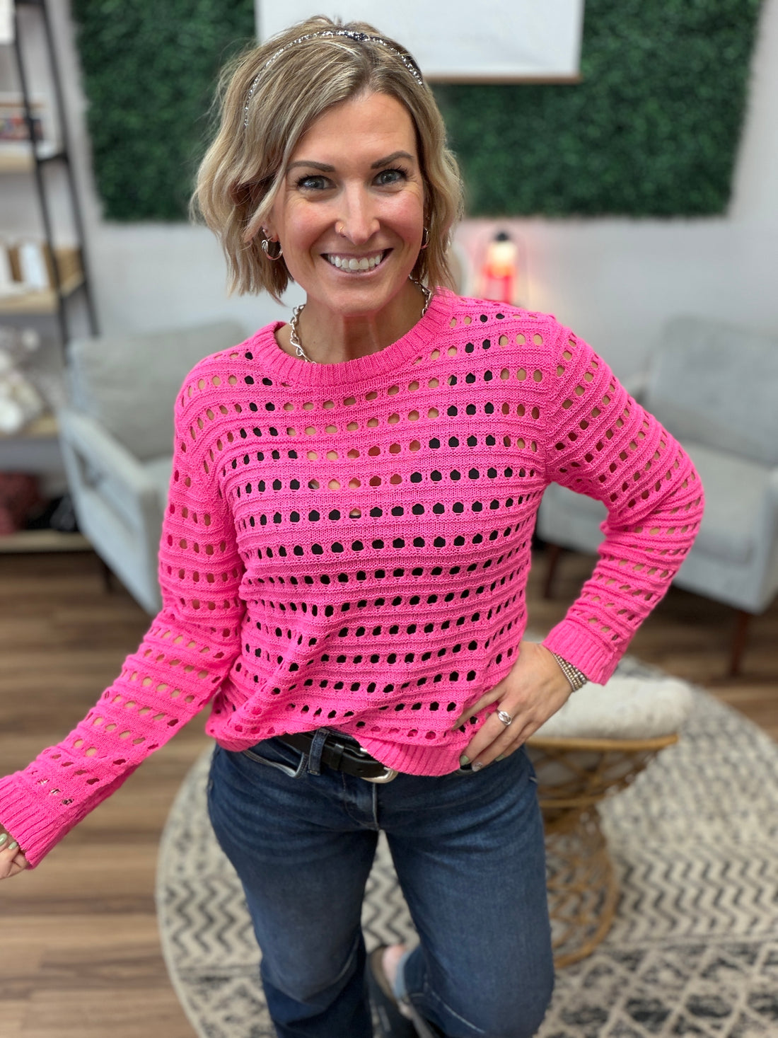 Round Neck Open Gauge Sweater - Hot Pink