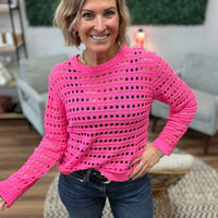 Round Neck Open Gauge Sweater - Hot Pink
