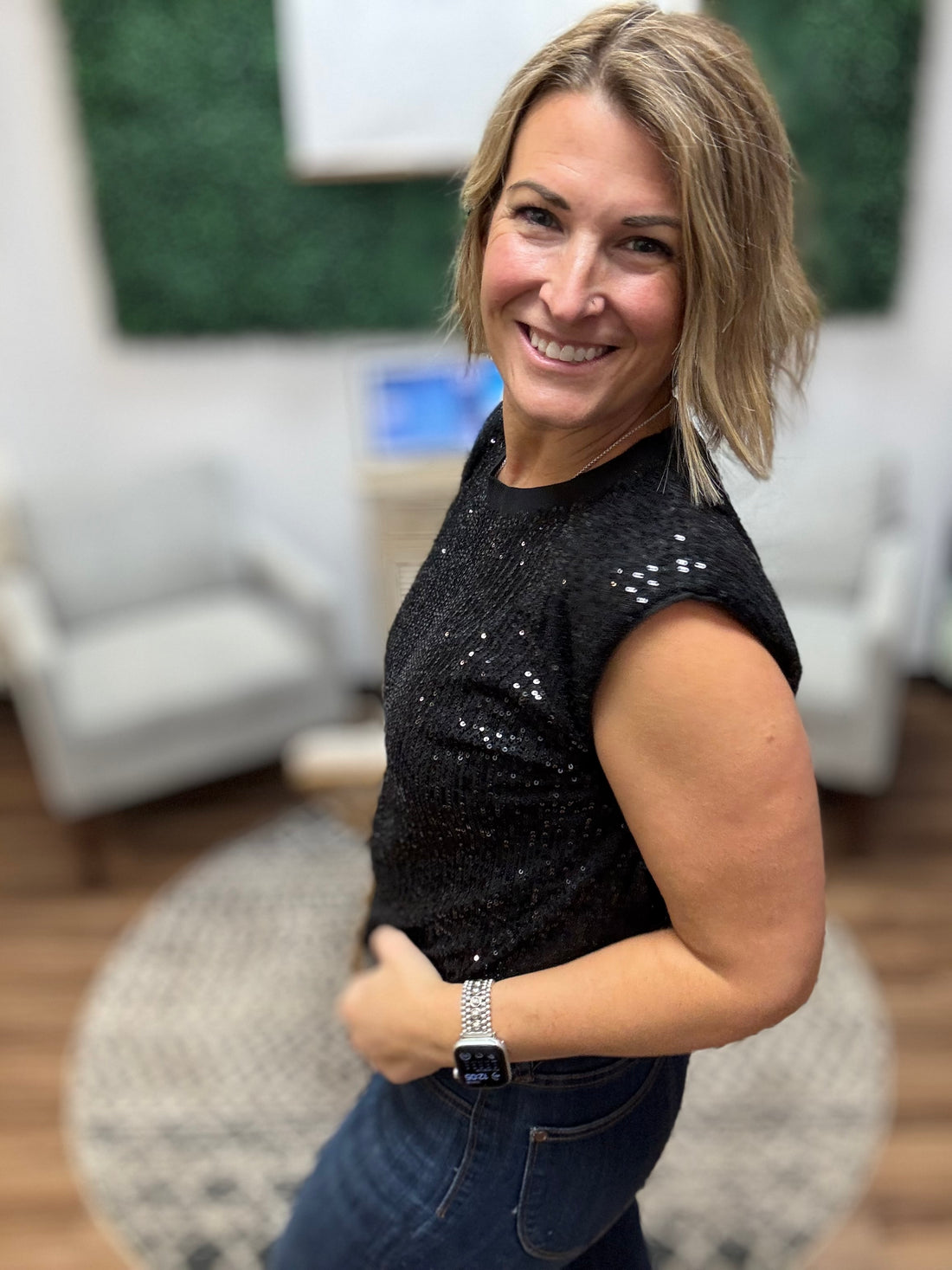 Sequin Bubble Muscle Tank - Black