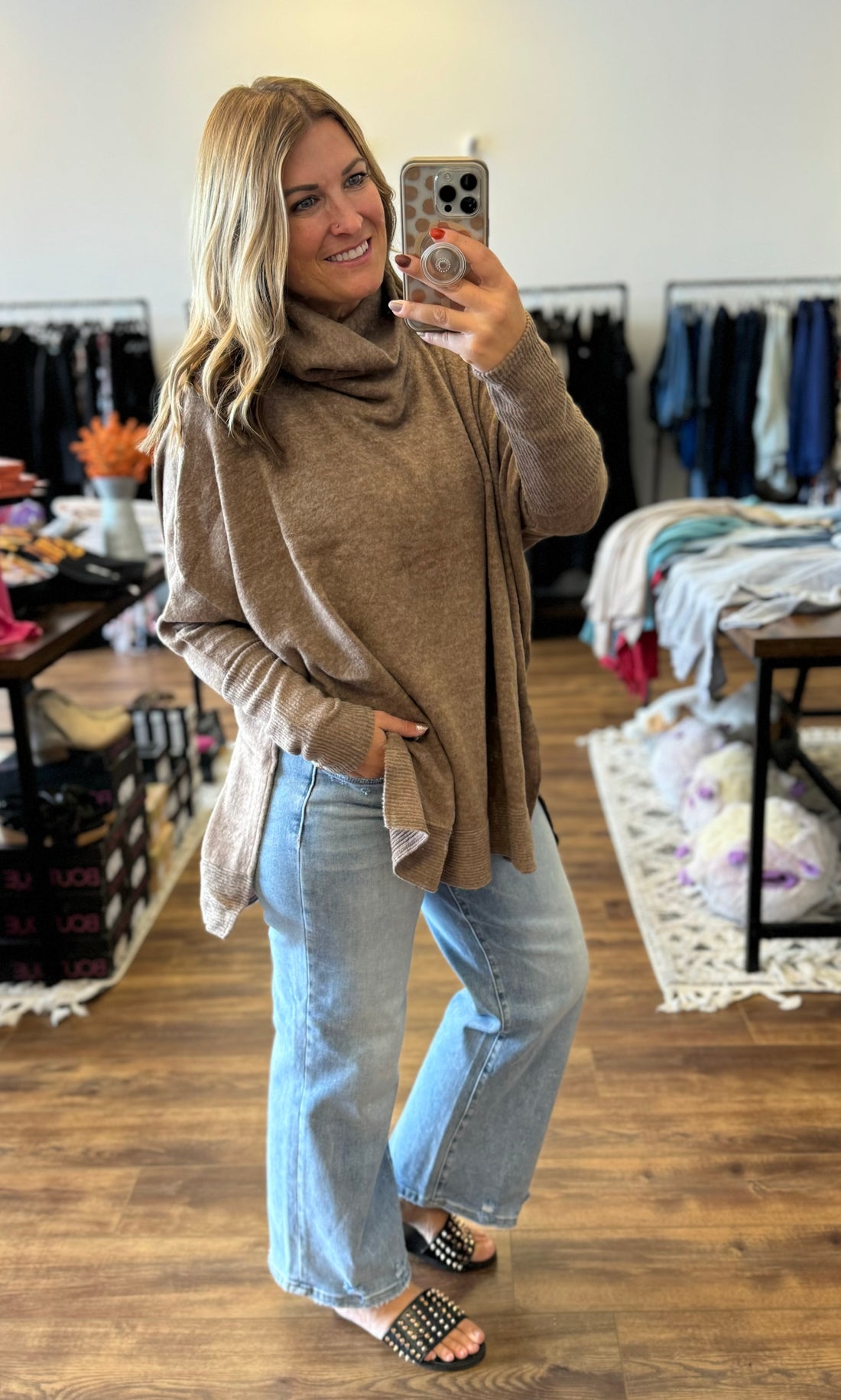 Brushed Melange Cowl Neck Poncho Pullover - Mocha