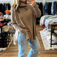 Brushed Melange Cowl Neck Poncho Pullover - Mocha