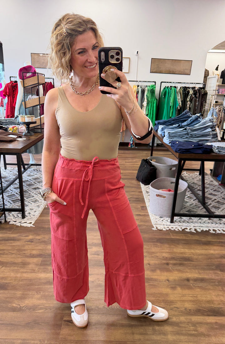 Washed Terry Wide Leg Pants - Vintage Red