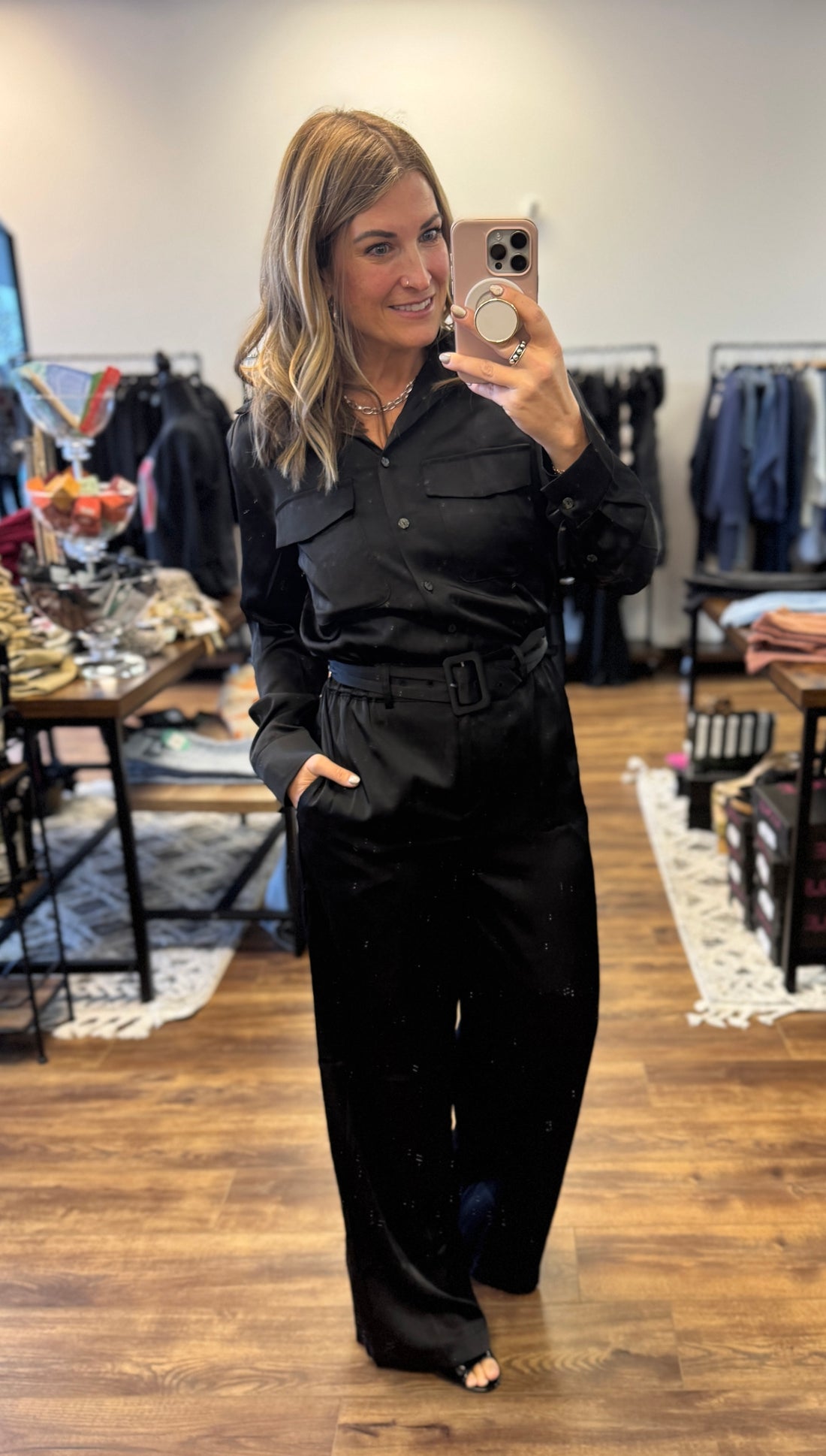 Satin Belted Button Down Jumpsuit