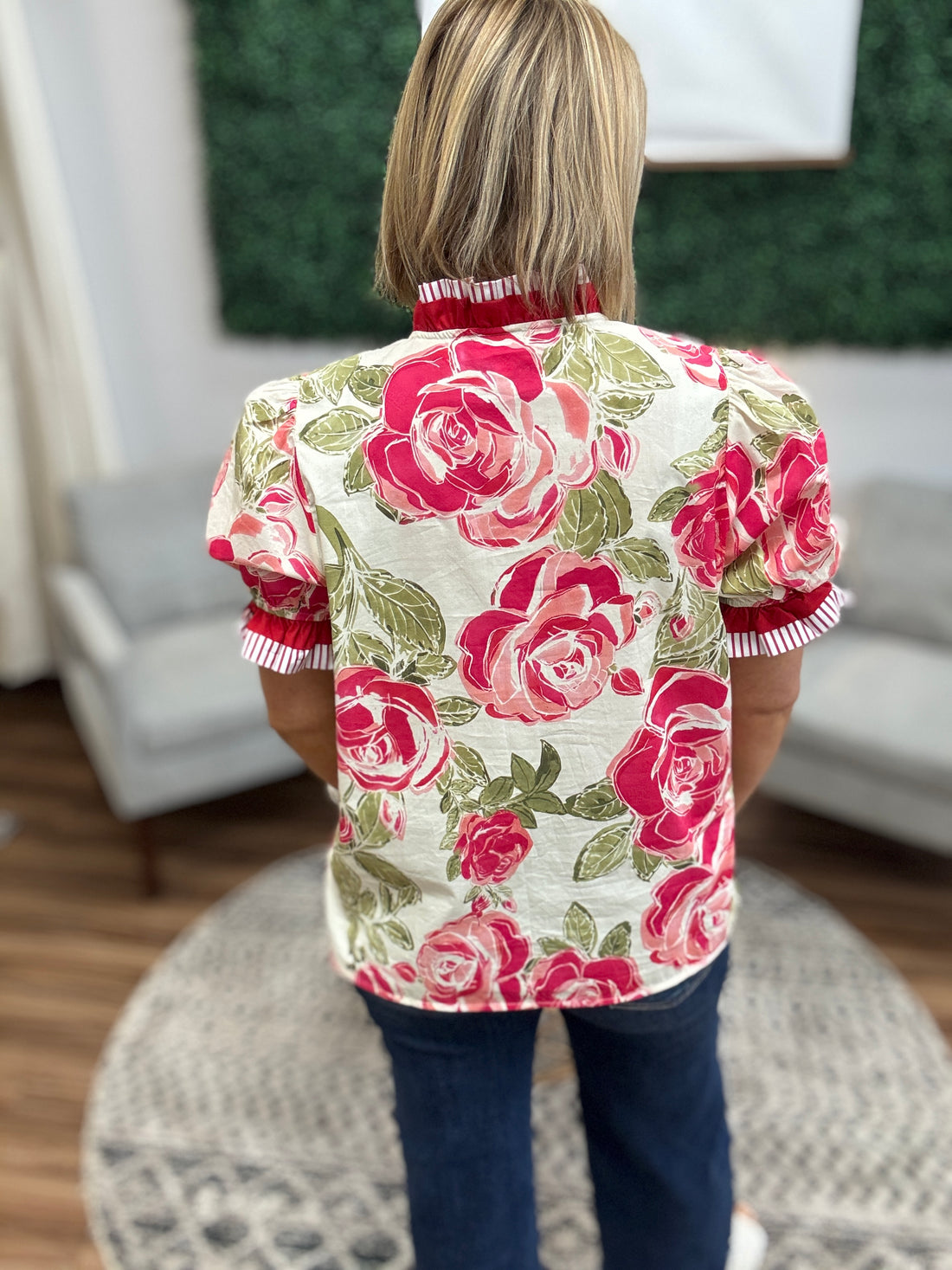 Floral Printed Woven Contrast Edge Ruffled Blouse