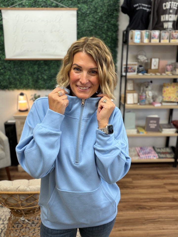 Kayla Luxe Hooded Quarter Zip - Light Blue