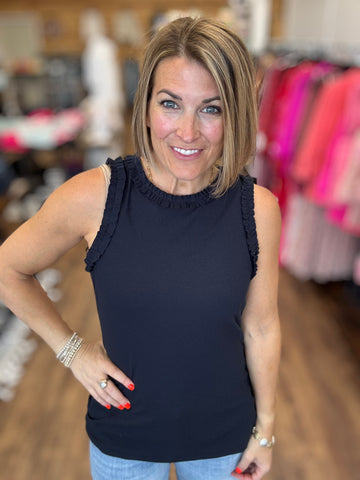 Ribbed Tank with Ruffle Detail - Navy