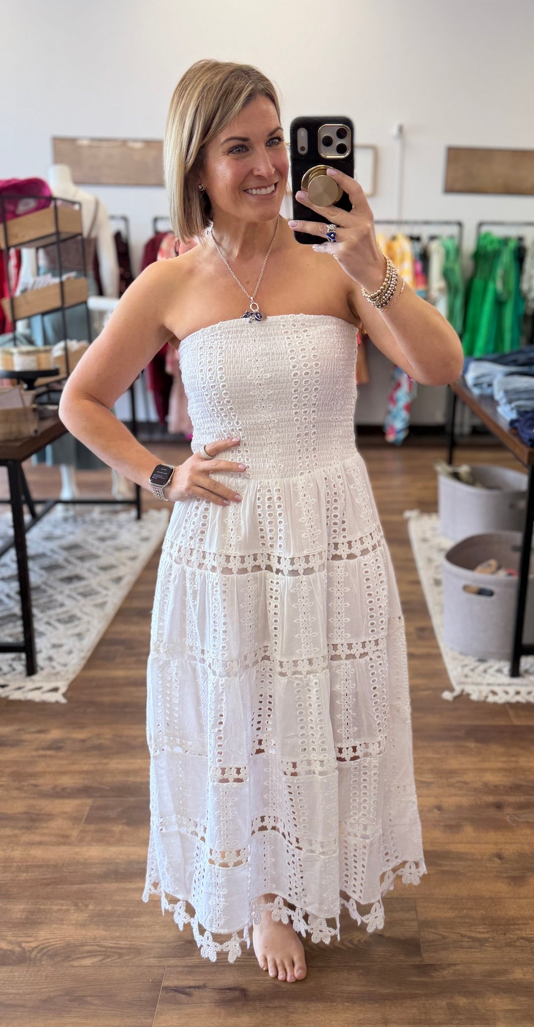 Strapless Smocked Eyelet Maxi Dress