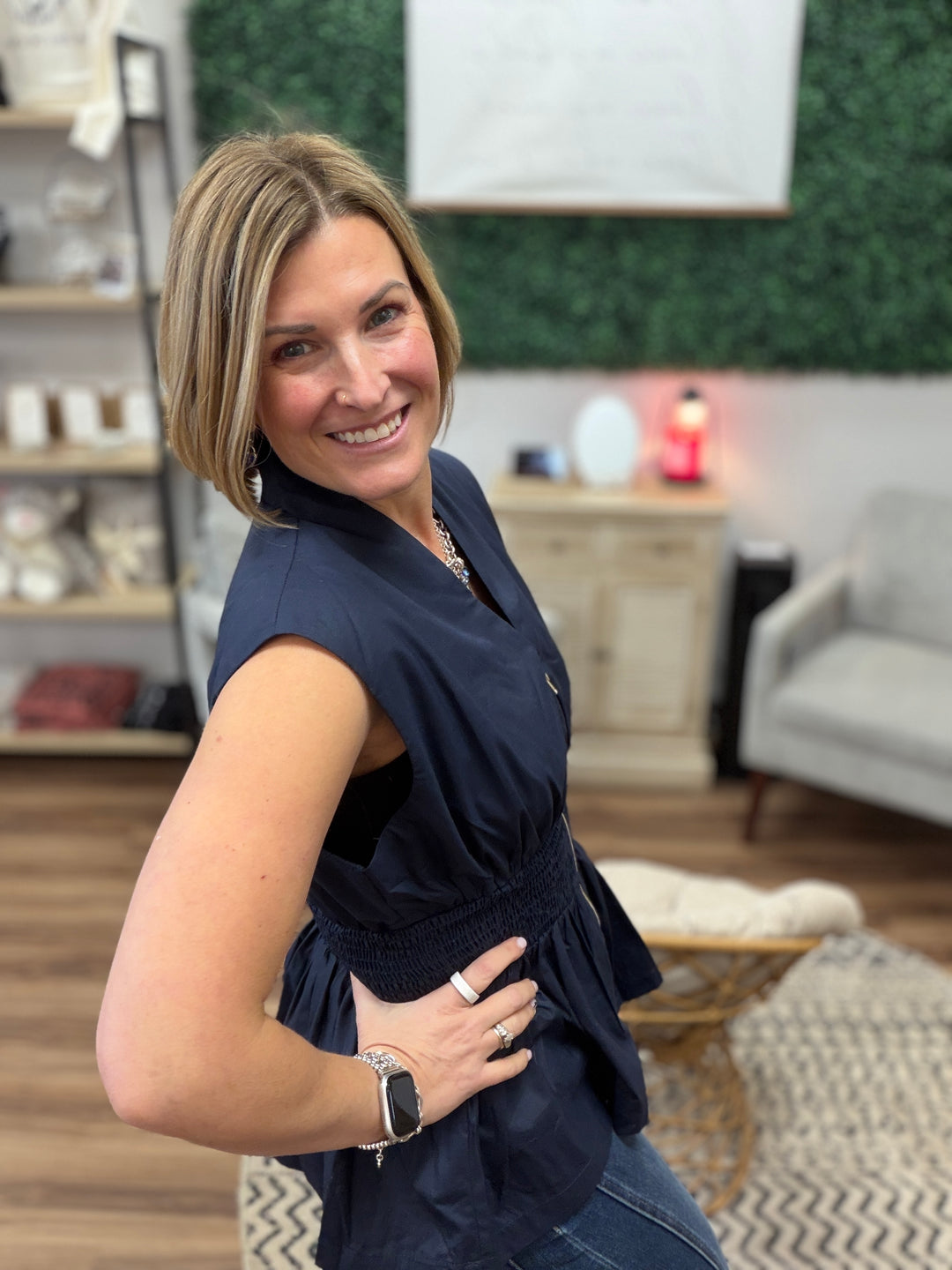 Zip It &amp; Go Smocked Peplum Top - Navy