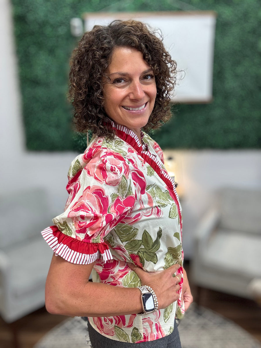 Floral Printed Woven Contrast Edge Ruffled Blouse