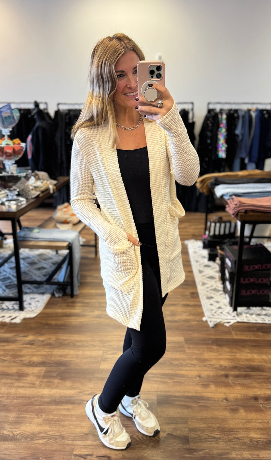 Lola Waffle Knit Cardigan with Thumbholes - Sweet Cream