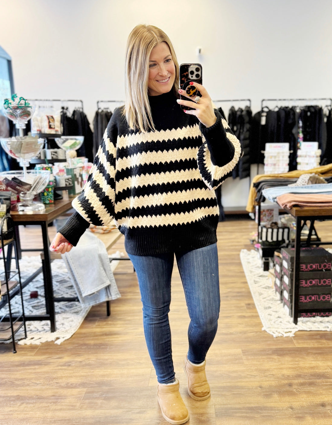 Striped Sweater with Balloon Sleeves - Black