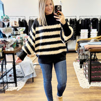 Striped Sweater with Balloon Sleeves - Black