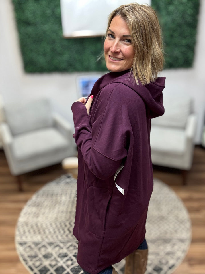 Open Front Longline Cardigan with Hoodie - Plum