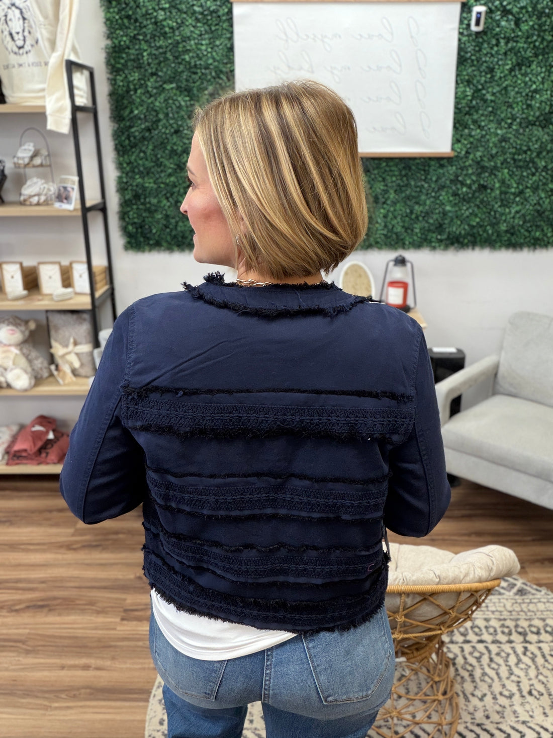 Liverpool - Collarless Jacket with Fray and Lace - Navy