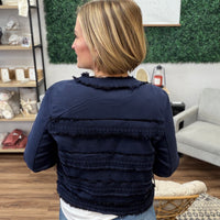 Liverpool - Collarless Jacket with Fray and Lace - Navy