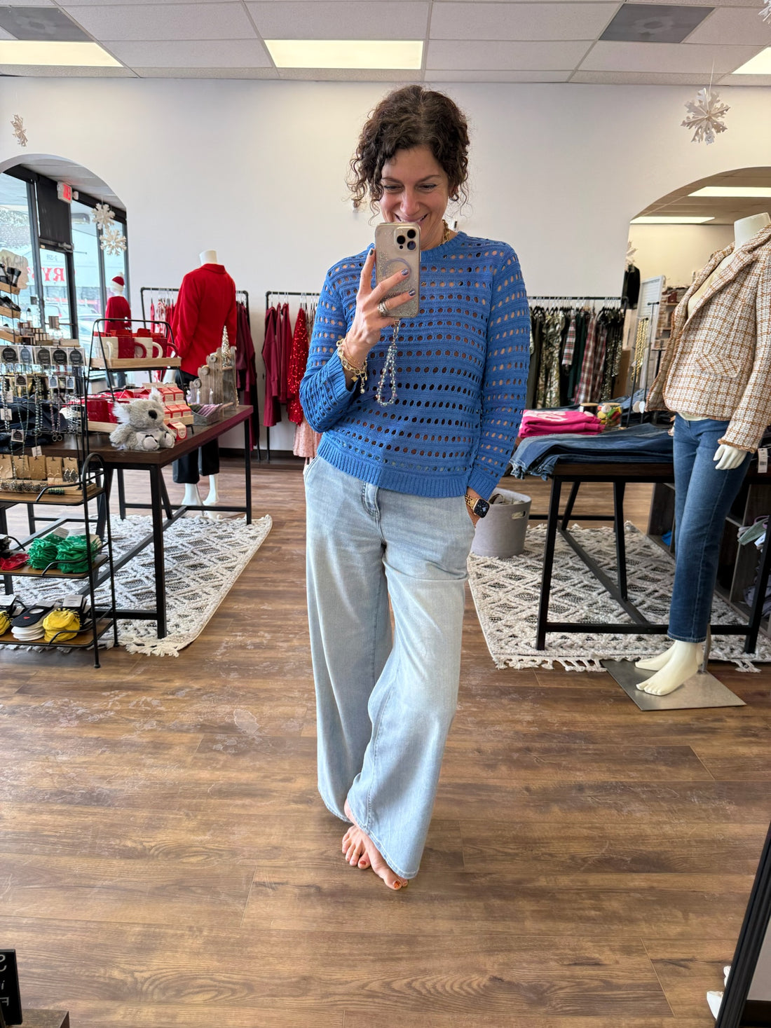 Round Neck Open Gauge Sweater - Blue