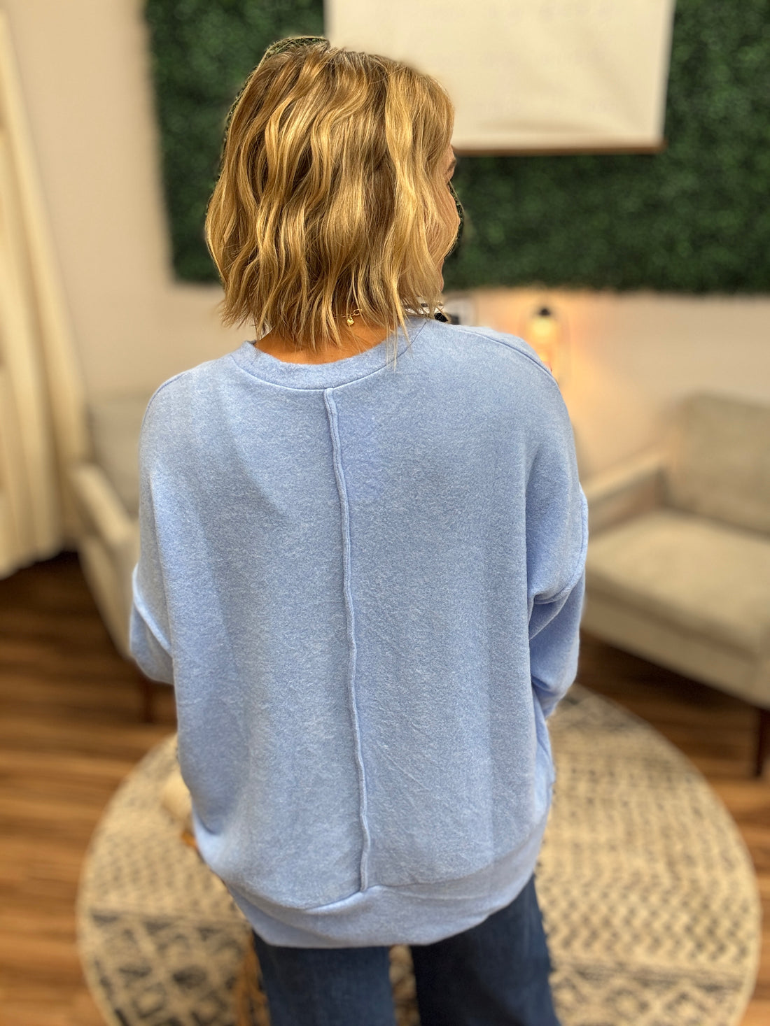 Brushed Melange Drop Shoulder Oversized Top - Cornflower Blue