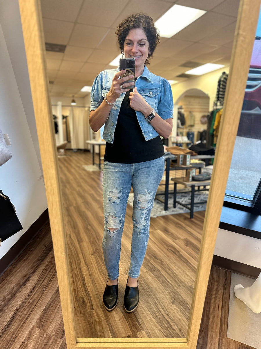 Jaclyn - Puff Sleeve Cropped Denim Jacket