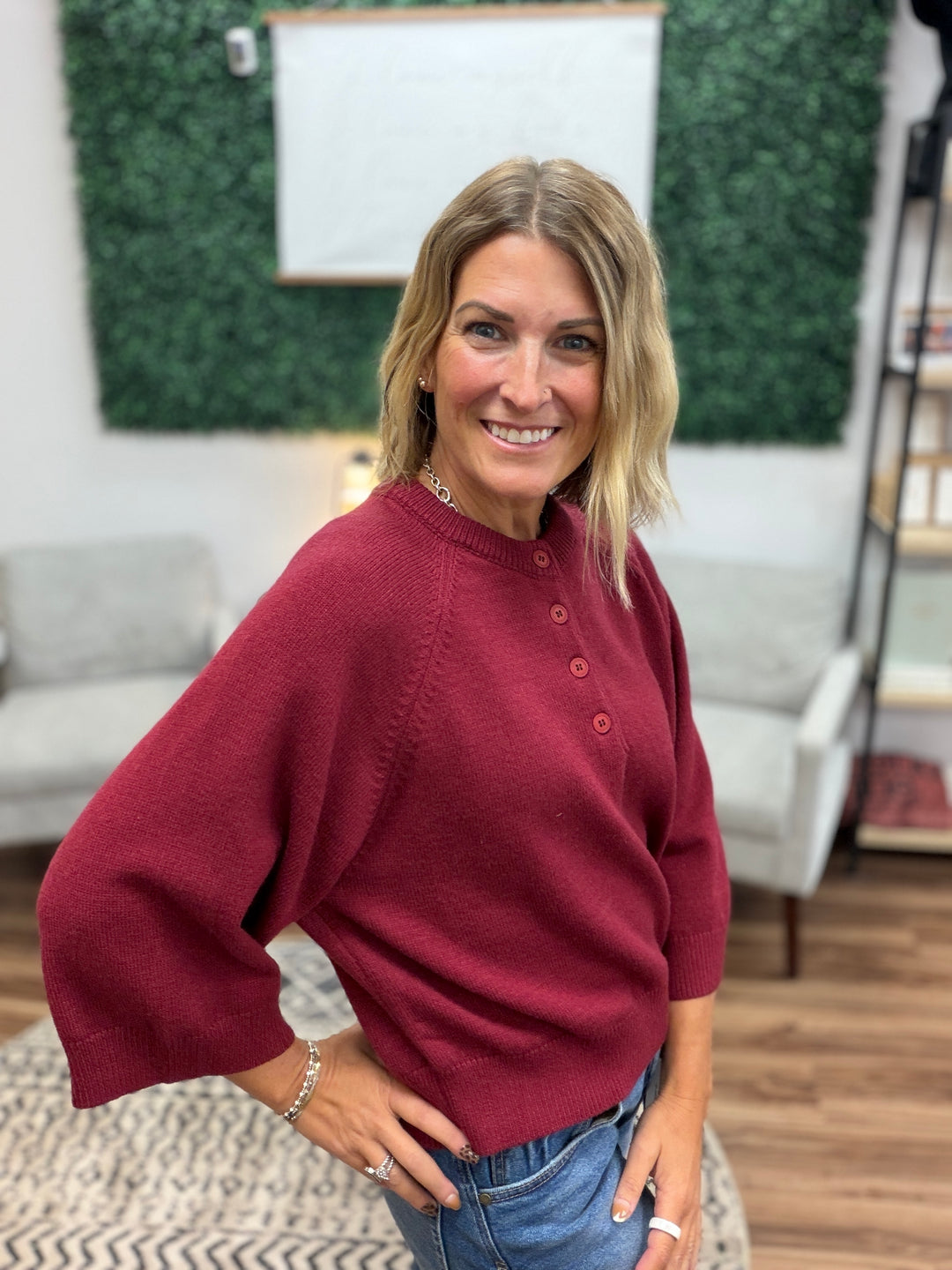 Buttoned Up Short Sleeve Sweater - Burgundy