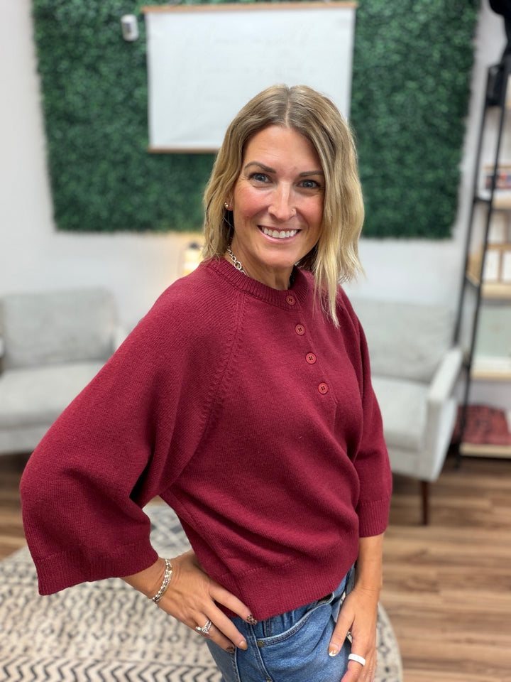 Buttoned Up Short Sleeve Sweater - Burgundy