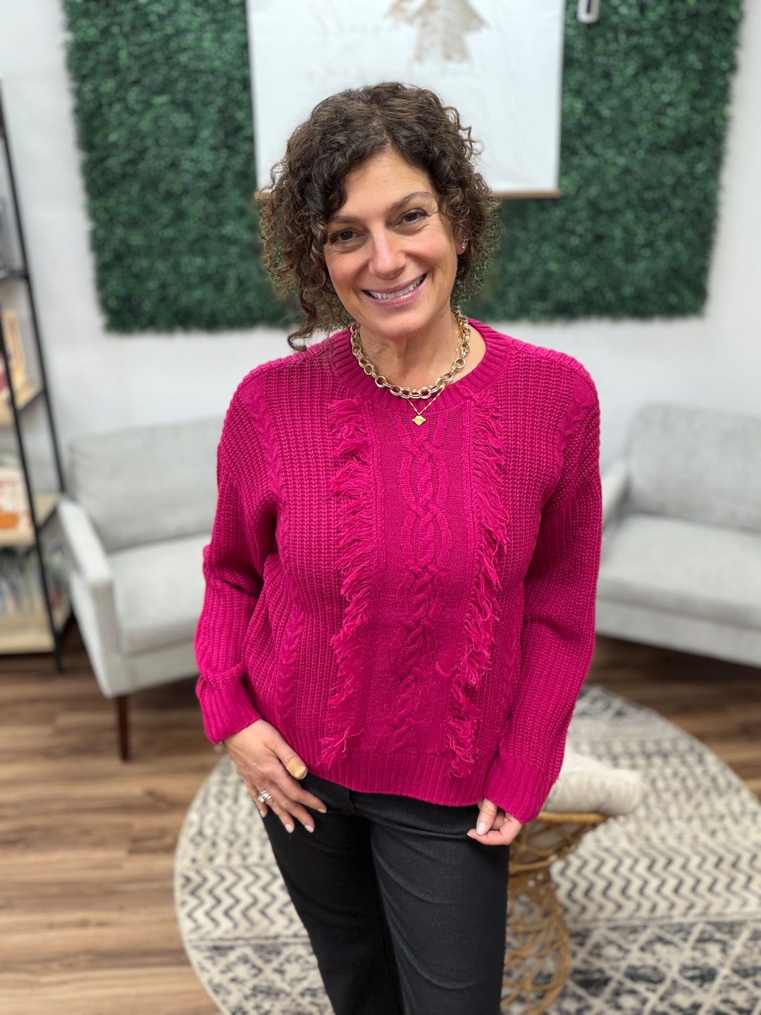 Liverpool - Long Sleeve Crew Neck Sweater with Fringe - Raspberry
