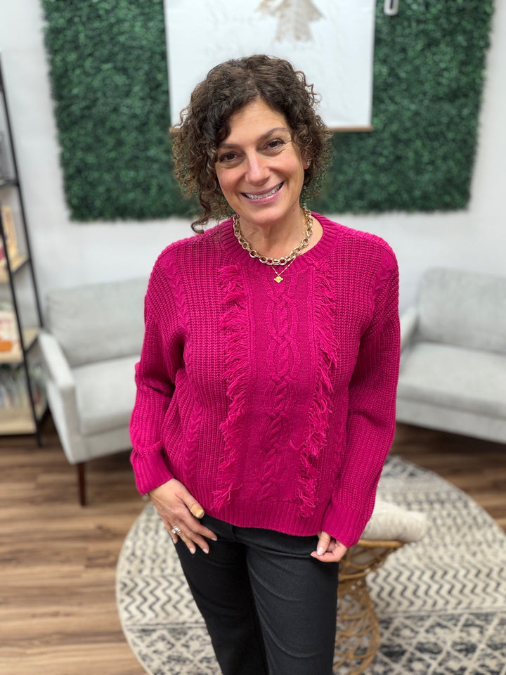 Liverpool - Long Sleeve Crew Neck Sweater with Fringe - Raspberry