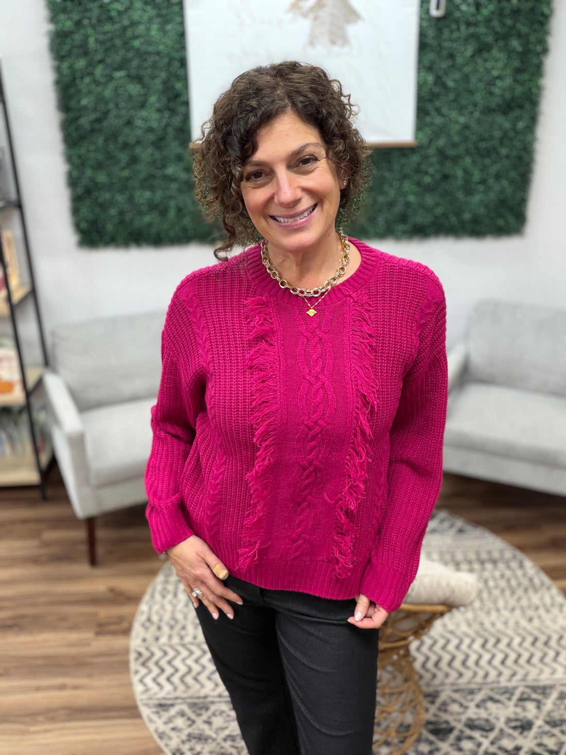 Liverpool - Long Sleeve Crew Neck Sweater with Fringe - Raspberry