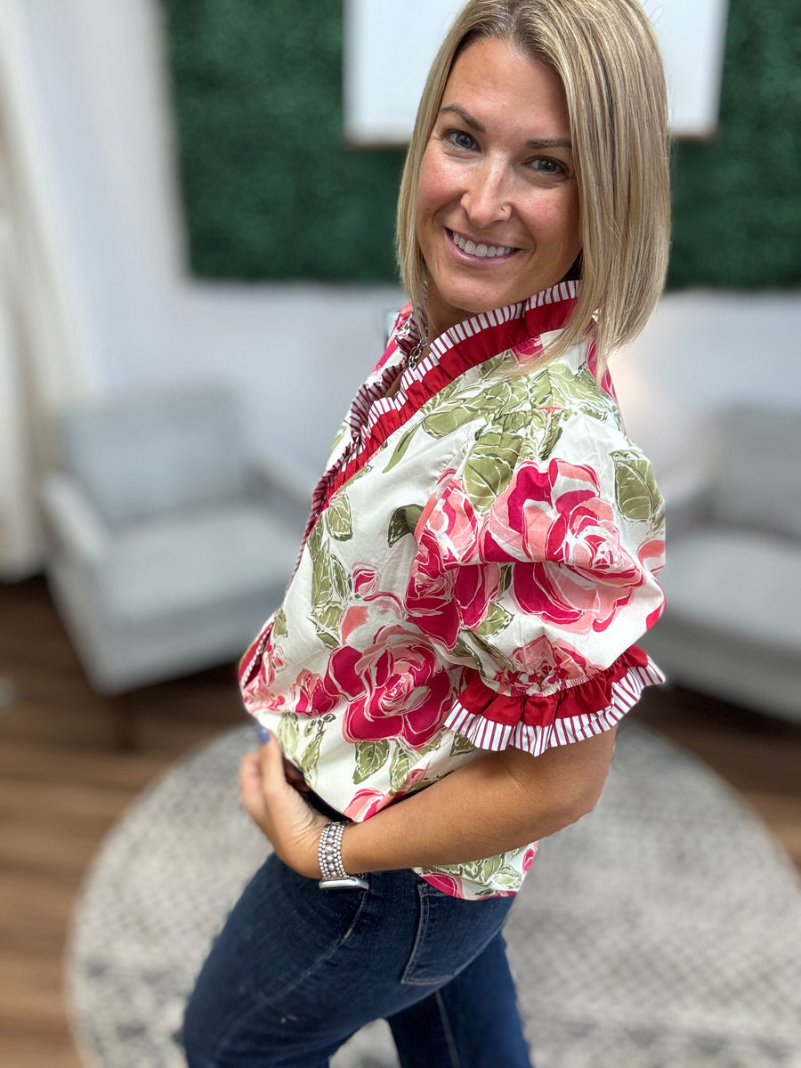 Floral Printed Woven Contrast Edge Ruffled Blouse