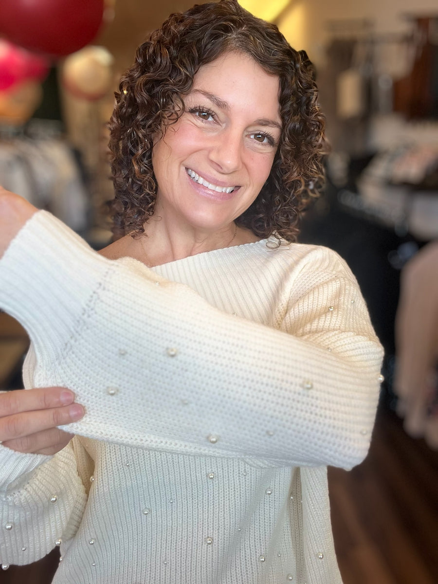 Mila - Faux Pearl Off Shoulder Sweater