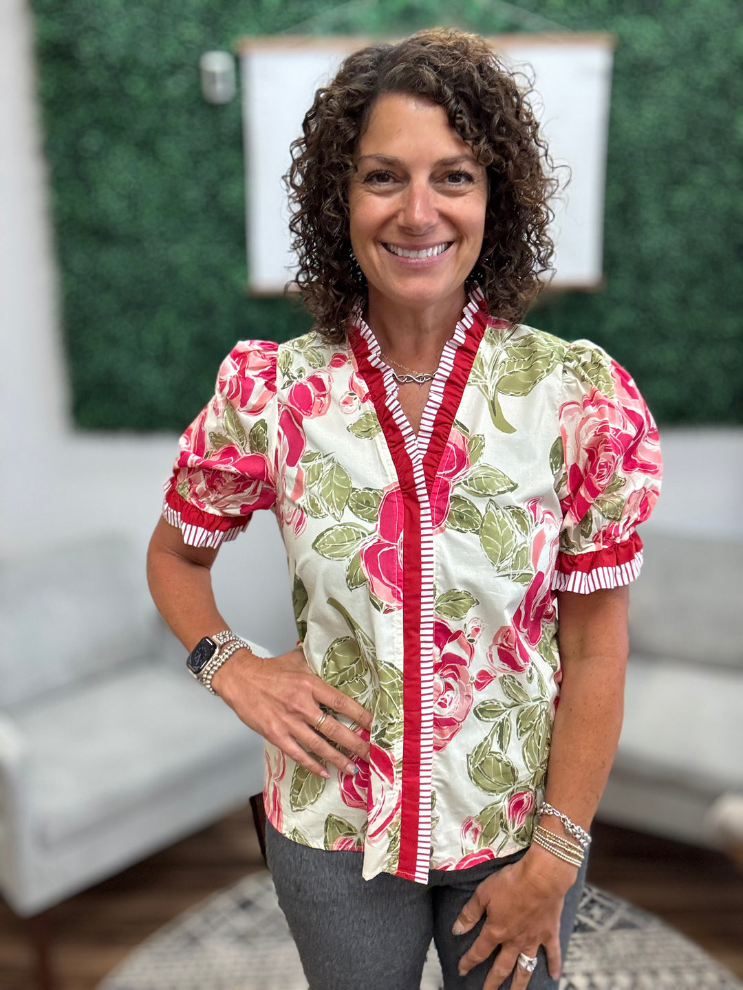 Floral Printed Woven Contrast Edge Ruffled Blouse