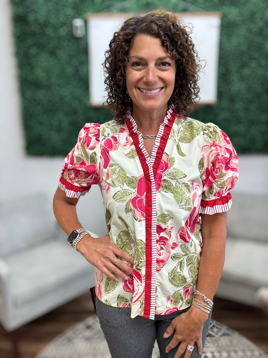 Floral Printed Woven Contrast Edge Ruffled Blouse